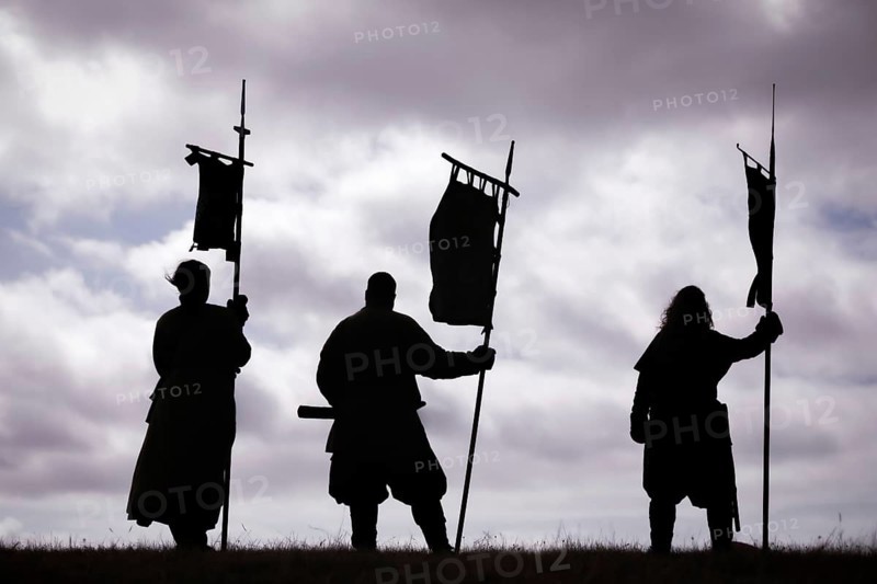 Guarding the banners, Trelleborg Vikings Festival, Trelleborg, Denmark, Europe