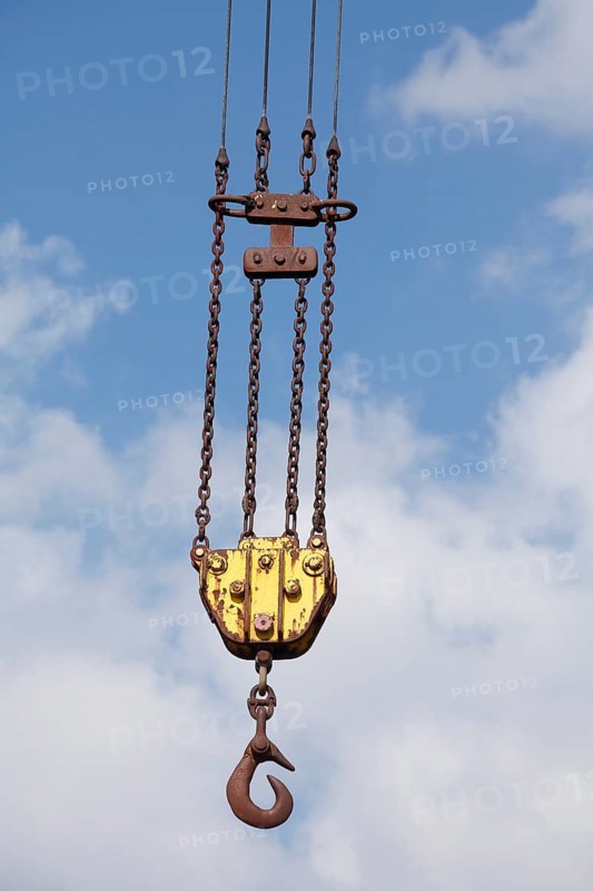 Orange cargo hook with carabiner on a harbour crane, Elsfleth, Lower Saxony, Germany, Europe