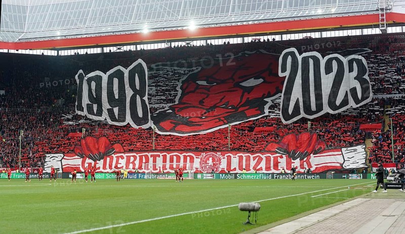 Fan choreography by the fans of 1.FC Kaiserslautern in the West Curve of the Fritz Walter Stadium, Kaiserslautern, Rhineland-Palatinate, Germany, Europe