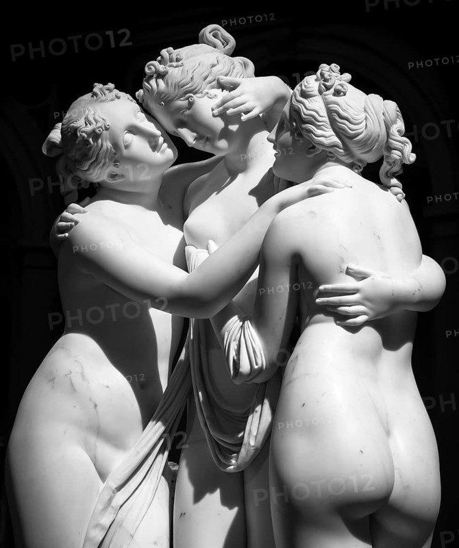 MILAN, ITALY - CIRCA JUNE 2020: Antonio Canova?s statue The Three Graces (Le tre Grazie). Neoclassical sculpture, in marble, of the mythological three charites (made in Rome) (1814-1817)