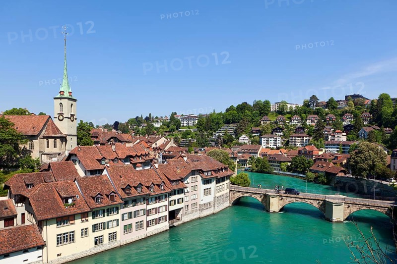 River Aare, panoramic view from Nydeggbrücke, Unterbrücke, Mattenhof, Bern, Switzerland, Europe