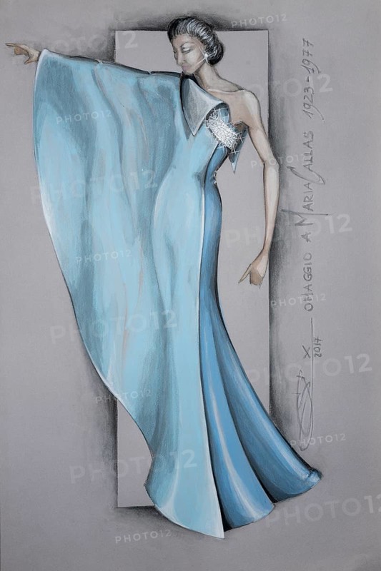 Homage to Maria Callas, evening dress, fashion sketch, fashion design, women's fashion, haute couture collection, pencil drawing, mixed media, biros, felt-tip pen, watercolour, pastel, acrylic tempera, acrylic, on paper, elegant, feminine, subtle