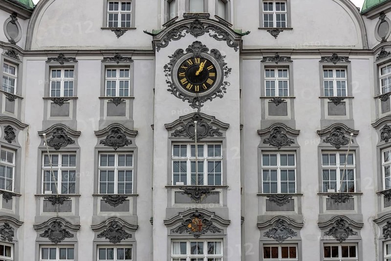 Detail of the historic town hall with Renaissance-style clock on the market square in the old town centre, Memmingen, Swabia, Bavaria, Germany, Europe