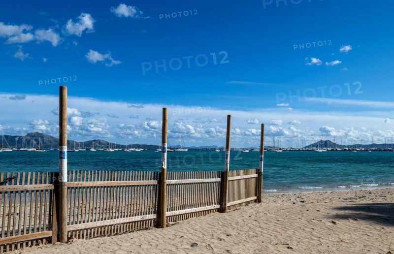 On the beach of Port de Pollença or Pollensa, Serra de Tramuntana, Majorca, Balearic Islands, Spain, Europe