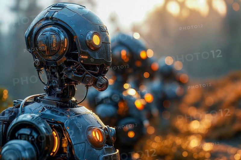 Close-up of a futuristic robot head at sunset with warm colour tones, cyborg, AI generated, AI generated