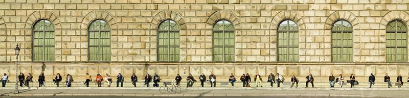 People sitting next to each other in a long row, Residence, Max-Joseph-Platz, people sitting in the sun in autumn, Munich, Bavaria, Germany, Europe