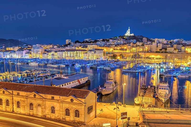 Marseille night city skyline at harbour, Marseille, France, Europe
