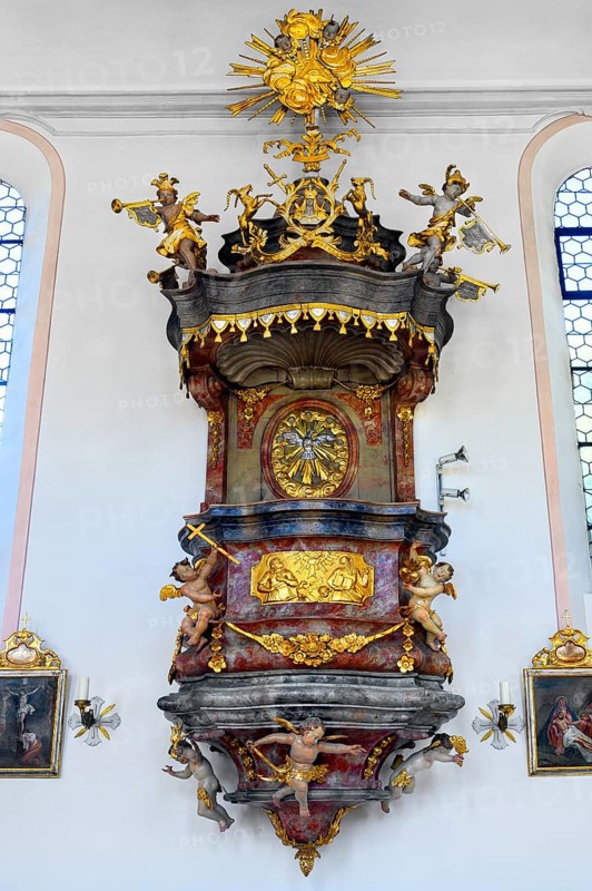 The pulpit, St. Anne's Church in Betzigau, Allgäu, Bavaria, Germany, Europe