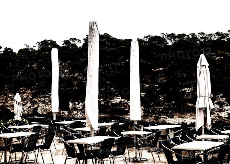 Empty restaurant terrace in the low season in Cala Figuera near Santanyí, Majorca, Balearic Islands, Spain, Europe