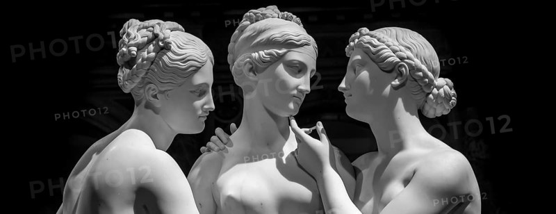 Milan, Italy - June 2020: Bertel Thorvaldsen?s statue The Three Graces. Neoclassical sculpture, in marble, of the mythological three charites