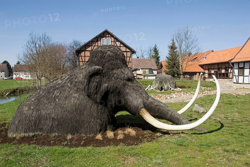 Mammoth statue, extinct, Ice Age Garden, Salder Castle Municipal Museum, Salder, Salzgitter, Lower Saxony, Germany, Europe