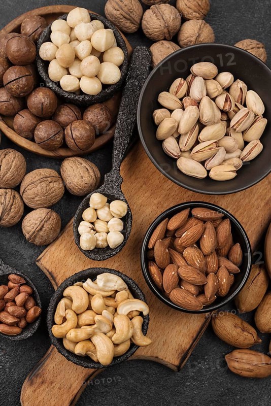 Organic nuts snack bowls wooden board