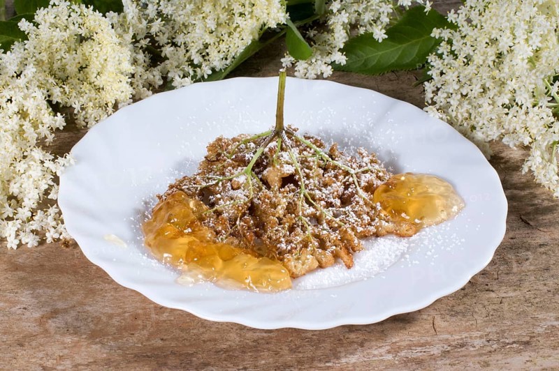 Elder (Sambucus nigra), baked flowers on plate