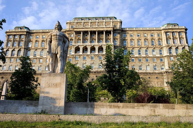 Buda Castle (Royal Palace) rear view, 18th century Baroque style facade and the Dozsa Statue in Budapest, Hungary, Europe