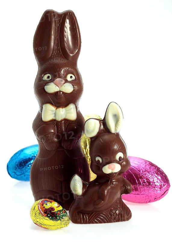 Easter Eggs and Chocolate Easter Rabbit against White Background