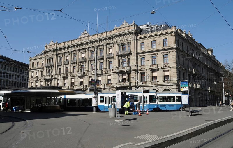 Zurich's Paradeplatz in the financial centre in times of Corona Virus log down with no crowds and very vew people