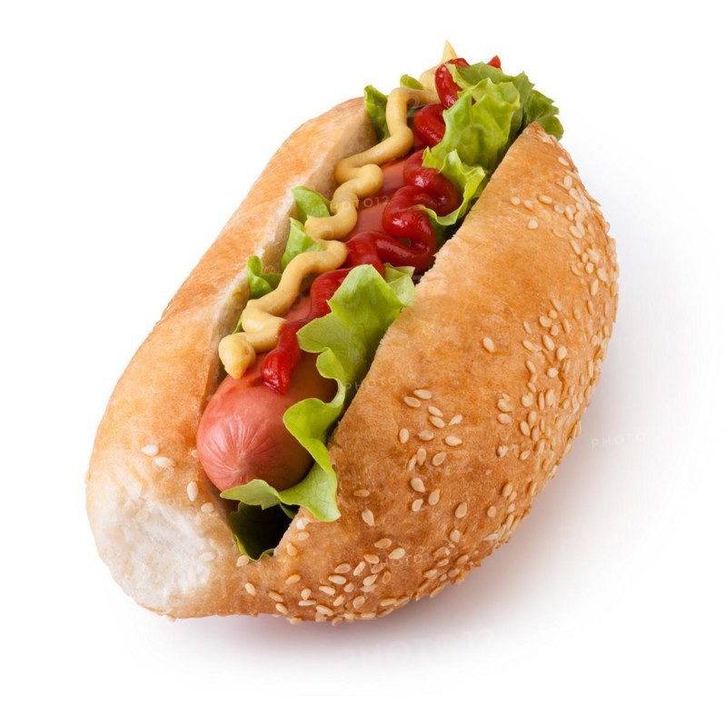Hot dog with ketchup and mustard on white background