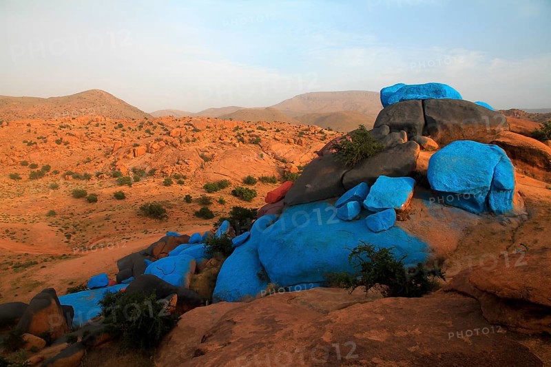 Parts of the Painted Rocks artwork near Tafraoute in Antiatlas Morocco