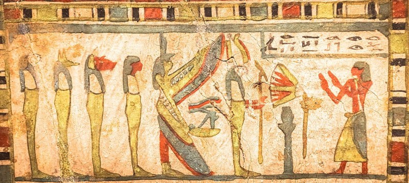 TURIN, ITALY - CIRCA MAY 2021: Egyptian archaeology. Ancient hieroglyphyc, ca. 580 BC, with Isis and the four sons of Horus