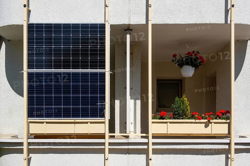 Solar panel on a balcony in Düsseldorf, North Rhine-Westphalia, Germany, Europe