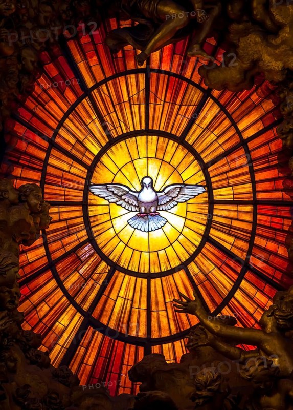 ROME, ITALY - AUGUST 24, 2018: Throne Bernini Holy Spirit Dove Saint Peters Basilica Vatican Rome Italy. Bernini created Saint Peters Throne with Holy Spirit Dove Stained Glass Amber in 1600s