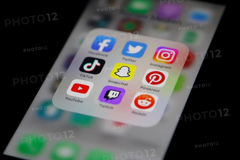 Social media icon, detailed view of a smartphone with social media apps, Facebook, Twitter, Instagram, Tik Tok, Snapchat, Pinterest, YouTube, Twitch, Reddit, Germany, Europe