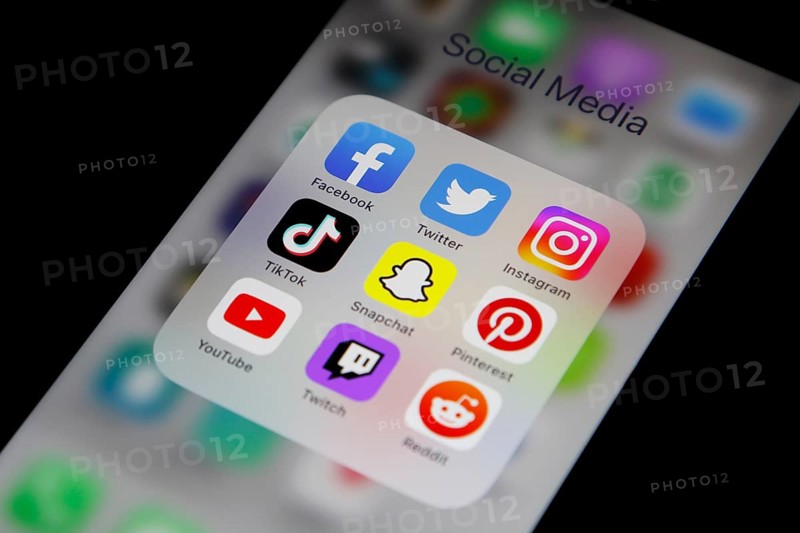 Social media icon, detailed view of a smartphone with social media apps, Facebook, Twitter, Instagram, Tik Tok, Snapchat, Pinterest, YouTube, Twitch, Reddit, Germany, Europe