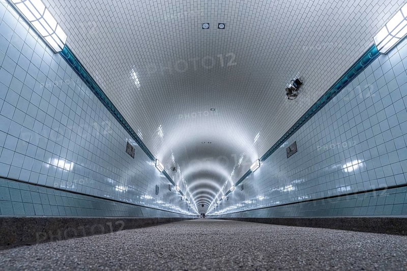 Old historic Elbtunnel, cold light, Landungsbrücken, harbour, Hamburg