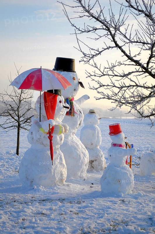 Snowman Family with animal figures, winter landscape Snowman Family with animal figures, winter landscape