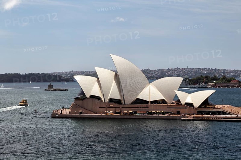 The Sydney Opera House on Sydney Harbour, Australia, as seen from the Sydney Harbor Bridge, Oceania