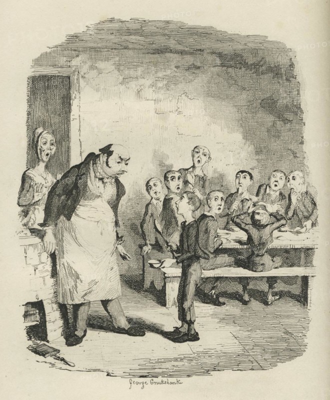 Oliver asking for more. 19th century illustration from Charles Dickens Oliver Twist. Illustration by George Cruishank (1792-1878)