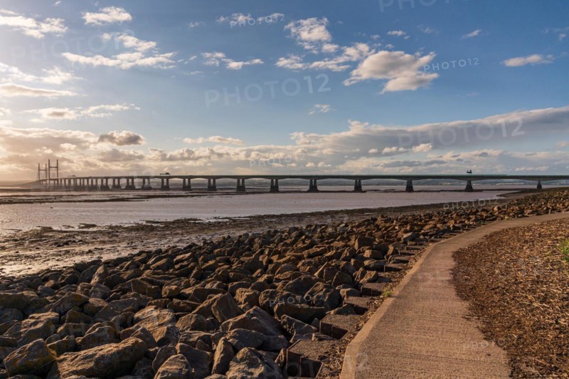 The Prince of Wales Bridge, leading the M4 over the River Severn, seen from Severn Beach, South Gloucestershire, England, UK