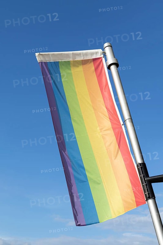 Symbolic image, homosexuality, tolerance, CSD, Pride Week, rainbow flag against blue sky, Germany, Europe
