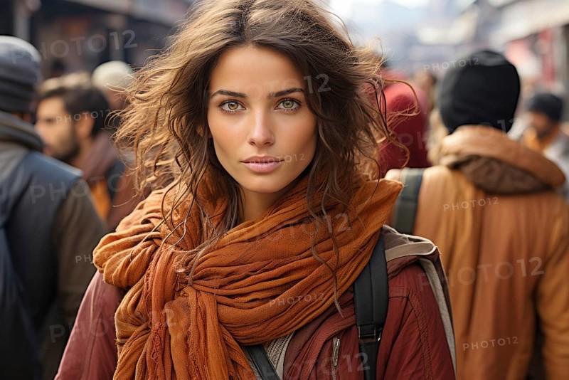 Portrait, Young woman with brown hair at a bazaar, brown scarf, green shining eyes, AI generated