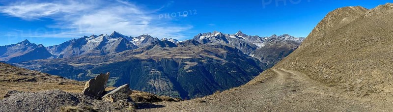 View from the Breithorn over the Upper Valais to the Aletsch area with Eggishorn, Strahlhorn, Fieschergletscher and Finsteraarhorn and Wasenhorn, Grengiols, Valais, Switzerland, Europe