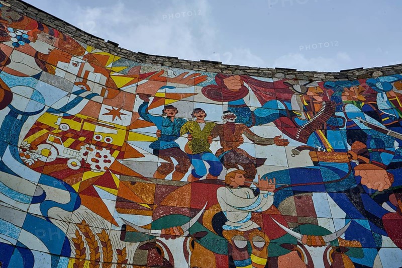 Mosaic of tiles with motifs from Georgian and Russian history, Monument of Georgian-Russian Friendship to the Treaty of Georgiyevsk, Georgian Army Road, between Gudauri and the Cross Pass, Mtskheta-Mtianeti, Greater Caucasus, Georgia, Asia