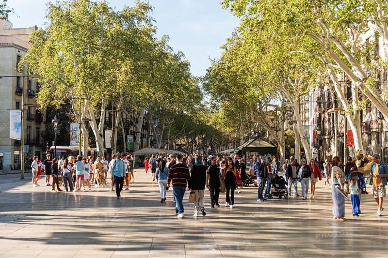 Gastronomy and tourists on the Ramblas in Barcelona, Spain only