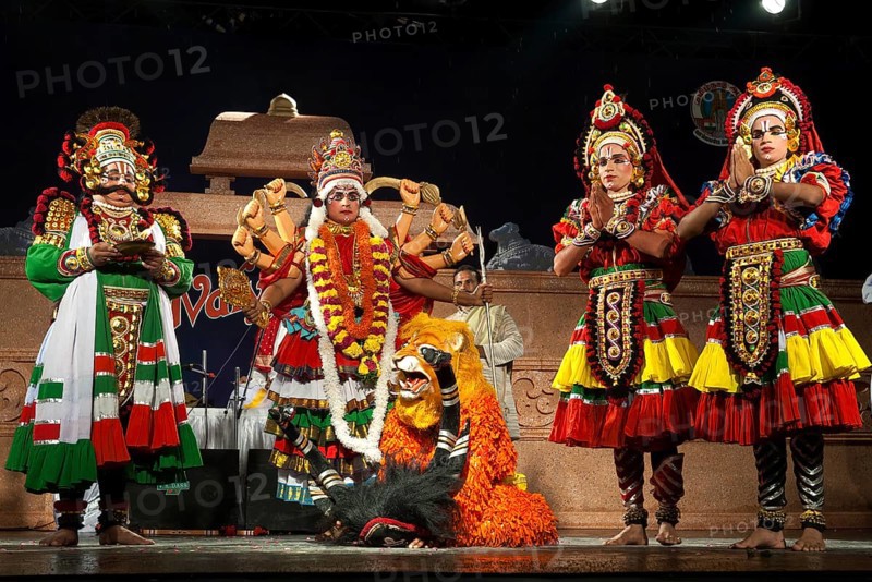 Yakshagana, Mahishamardini epic, traditional folk dance by Sri Chandrasekara Navada troupe near Mangalore in Coastal Karnataka, India, Asia