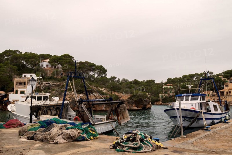 Fishing boats and fishing nets in the harbour of Cala Figuera near Santanyí, Majorca, Balearic Islands, Spain, Europe