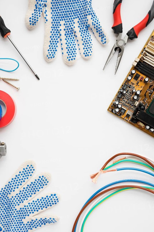 Circuit board glove electric equipment isolated white background