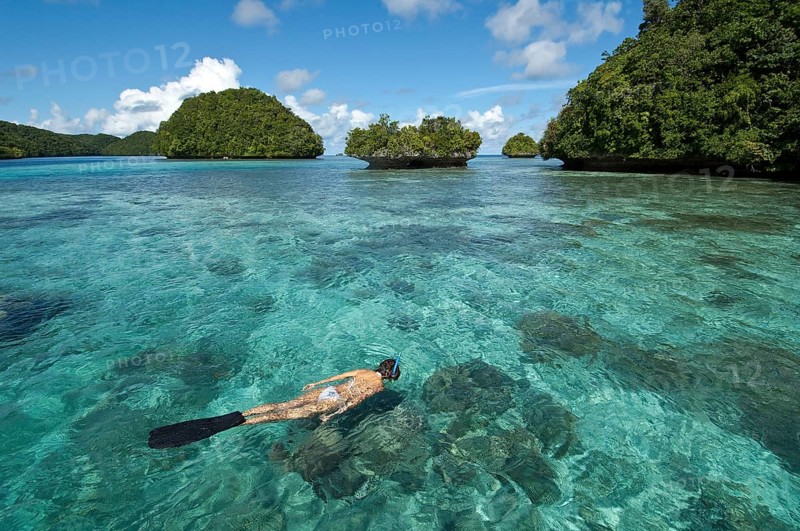 Snorkelers, Lagoon, Palau, Bismarck Archipelago, Micronesia, Oceania