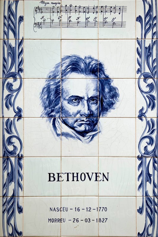 Painted tiles, show Bethoven, Porto, Portugal, Azulejos, ceramic art, Europe