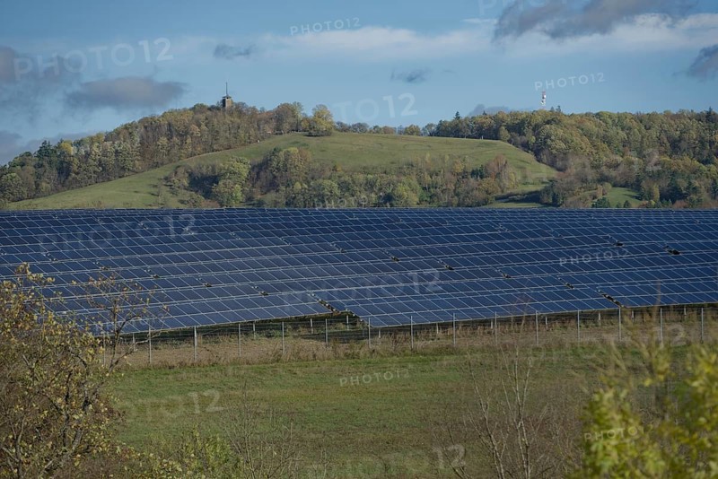 View of Hall's local mountain, Einkorn, photovoltaics, solar energy, solar energy, renewable energies, energy transition, climate change, Michelbach, Limpurger Land, Limpurger Berge, Schwäbisch Hall, Hohenlohe, Heilbronn-Franken, Baden-Württemberg, Germany, Europe