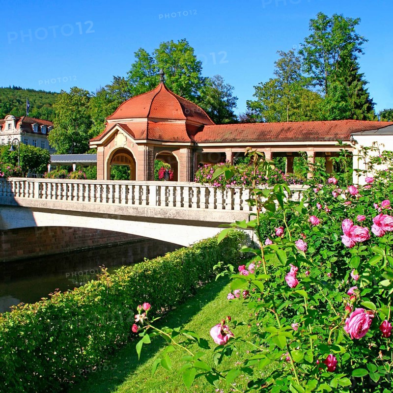 Spa park, river Sinn, pavilion, covered walkways, spa town, Bad Brückenau, Bavaria, Germany, Europe