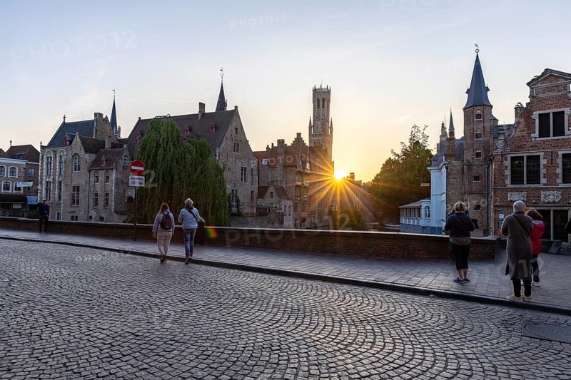 Sunset at the Dijver, behind Belfort Bell Tower, Rozenhoedkaai, Brugge, Belgium, Europe