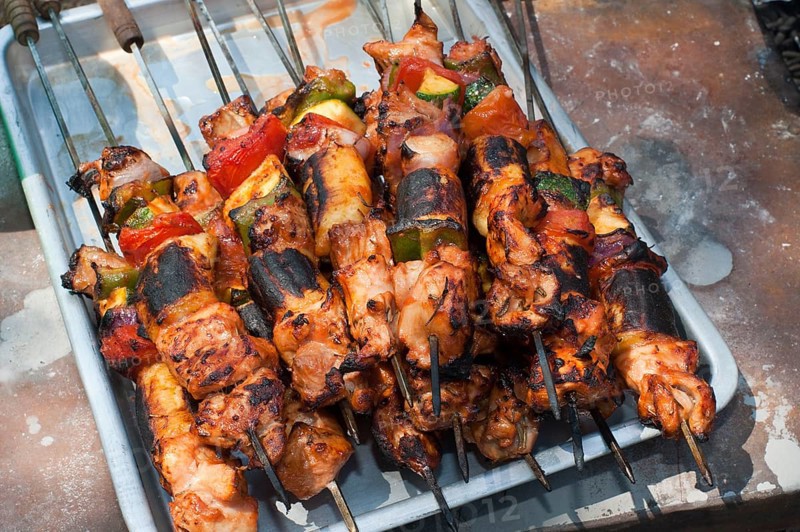 Meat skewers, grilled, tent camp, Serengeti National Park, Tanzania, Africa