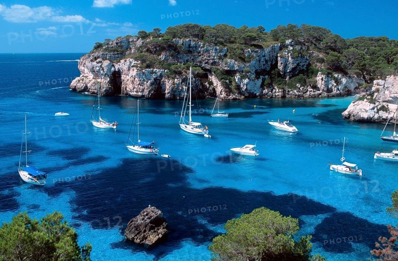 Sailboats in the bay, Cala Macarella, Menorca, Balearic Islands, Spain, Europe