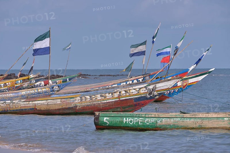 Colourful fishing boats, Mama Beach, near Kent, Western Area, Sierra Leone, Africa
