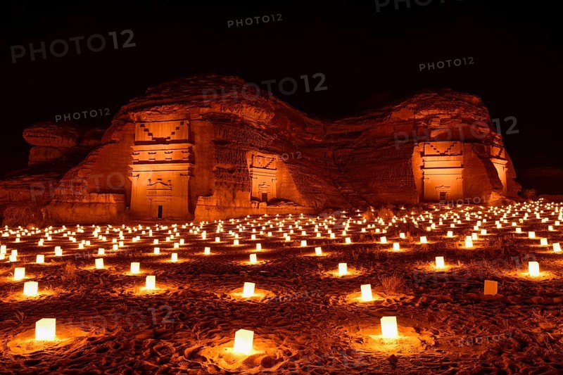 Illuminated Nabataean tombs at night, Hegra or Mada'in Salih, AlUla region, Medina province, Saudi Arabia, Arabian Peninsula, Asia