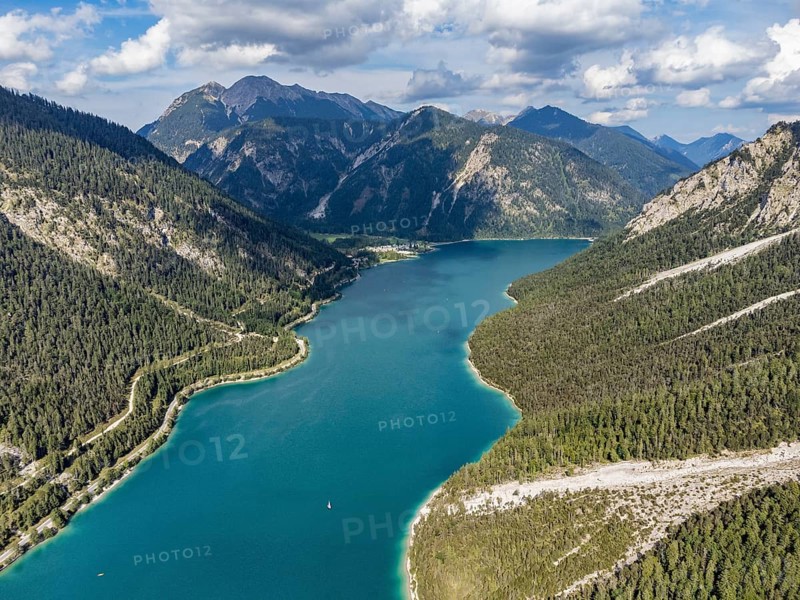 Aerial view of Plansee, Reutte, Ammergau Alps, Tyrol Austria, Plansee, Tyrol, Austria, Europe